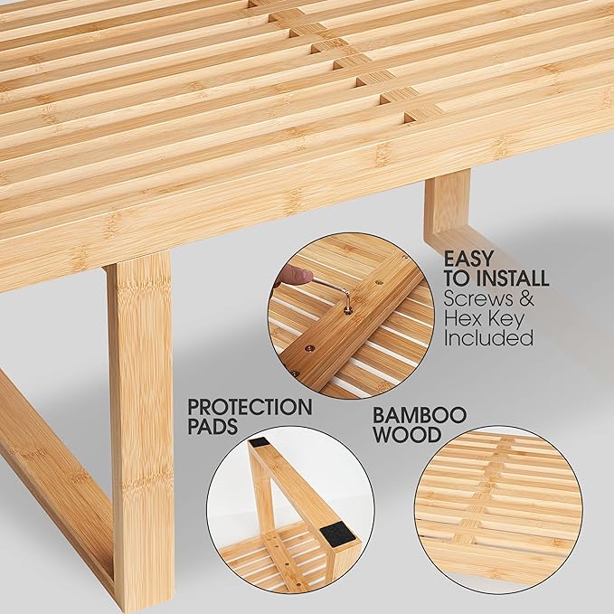 Bamboo Nelson Slat Wooden Bench, Small Wood Benches for Entryway, Living & Dining Room, Kitchen, Bedroom, Bathroom, Hallway, Front Door, For Indoor & Outdoor Patio Use, Mid Century Modern Decor