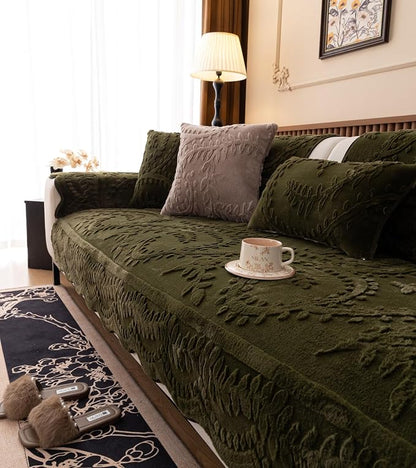 Green Fuzzy Rabbit Plush Sofa Cover Cozy Warm Sofa Couch Covers with 3D Jacquard Leaf Pattern Non-Slip Easy-to-Install Shaggy Sofa Slipcover Prefect for Kids Dogs Cats Cats(Green,36"x70")
