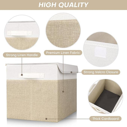 Large 17" 42 Quarts Collapsible Stackable Storage Bins with Lids [3-Pack] Foldable Fabric Linen Storage Boxes Cube, Closet Organizer Baskets with Label (16.7 x 12 x 12, Beige & White)