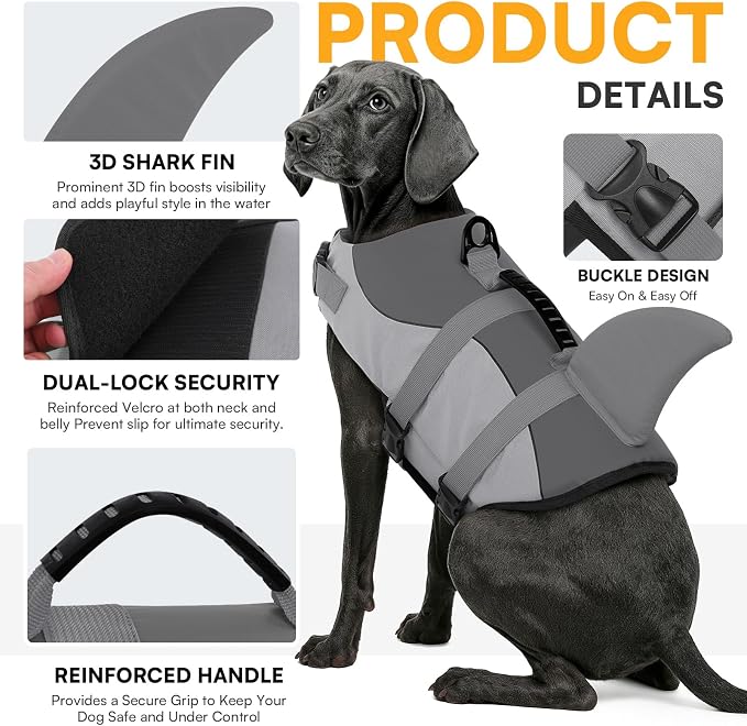Dog Life Jacket Ripstop Shark Dog Safety Vest Adjustable Preserver with High Buoyancy and Durable Rescue Handle for Small,Medium,Large Dogs, Grey Shark Large