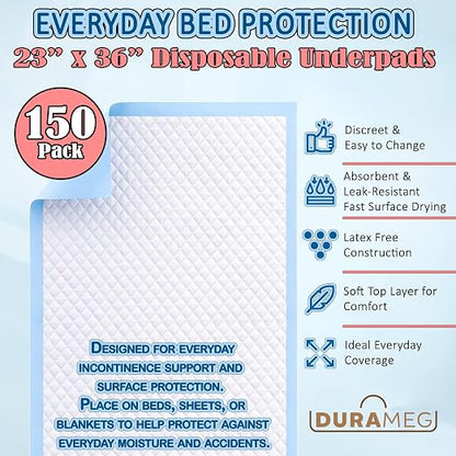 Chucks Disposable Underpads 23x36 150 Count Bed Pads Incontinence Chux Pads | Moderate Absorbency, Waterproof Leakproof, Mattress & Furniture Protection, Adults & Elderly, Puppy Training Pads, Chairs