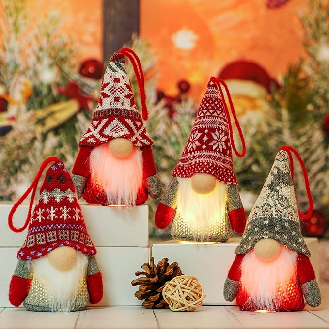 Christmas Gnome Hanging Ornaments with Lights, Handmade Swedish Tomte Plush Scandinavian Santa Elf Ornaments, Home Decorations for Shelf Table Fireplace Christmas Tree - Pack of 4