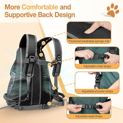 YUDODO Dog Front Carrier Backpack, Top & Side Windows Dog Backpack | Sunshade Hood, Ventilated, Safety Belt, Breathable, Lightweight, Reflective Strip, Pocket Storage, Adjustable, Black Pro, L