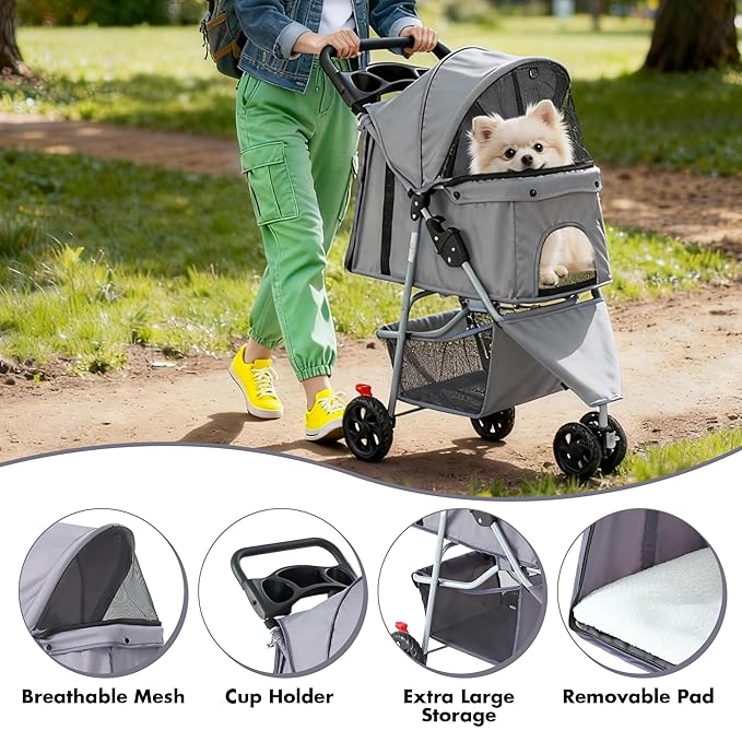 Sweetcrispy 3 Wheels Pet Stroller for Small Dogs and Cats – Foldable Dog Stroller with Mesh Windows, Storage Basket & Cup Holder, Lightweight & Durable Pet Carrier for Travel, Outdoor Use, Grey