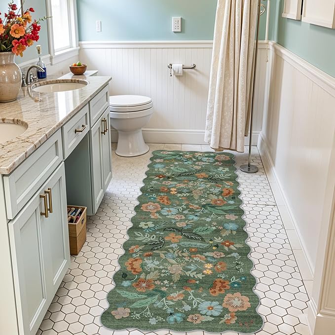 Washable 2x6 Runner Rug for Entryway: Hallway Kitchen Easy-Clean Carpet with Non-Slip Backing Stain-Resistant Low Pile Floor Mat – Perfect for High-Traffic Areas with Pets (2x6 Floral/Green)