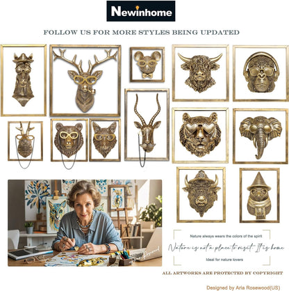 Animal Heads Wall Decor (Includes Metal Frame) Resin Animals Sculptures Head Wall Hanging Decoration Gold vintage Wall Sculpture for Living Room Bedroom Office (Gorilla)