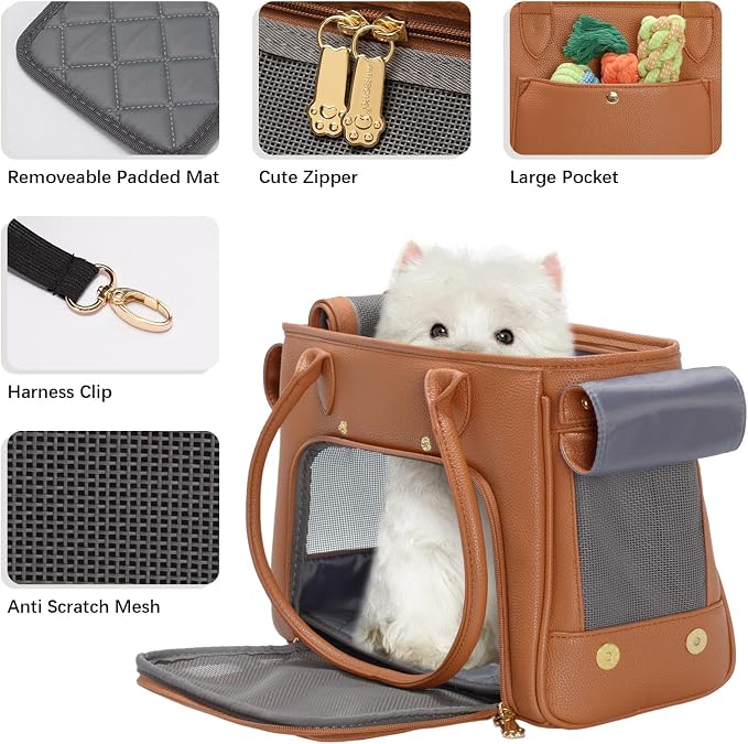 Minsong Fashion Pet Carrier Purse for Small Cat and Dog, Luxury Pu Soft-Sided Tote Bag with Large Pockets for Dogs and Puppies (Brown, 13.6" L x 6" W x 10.0" H)