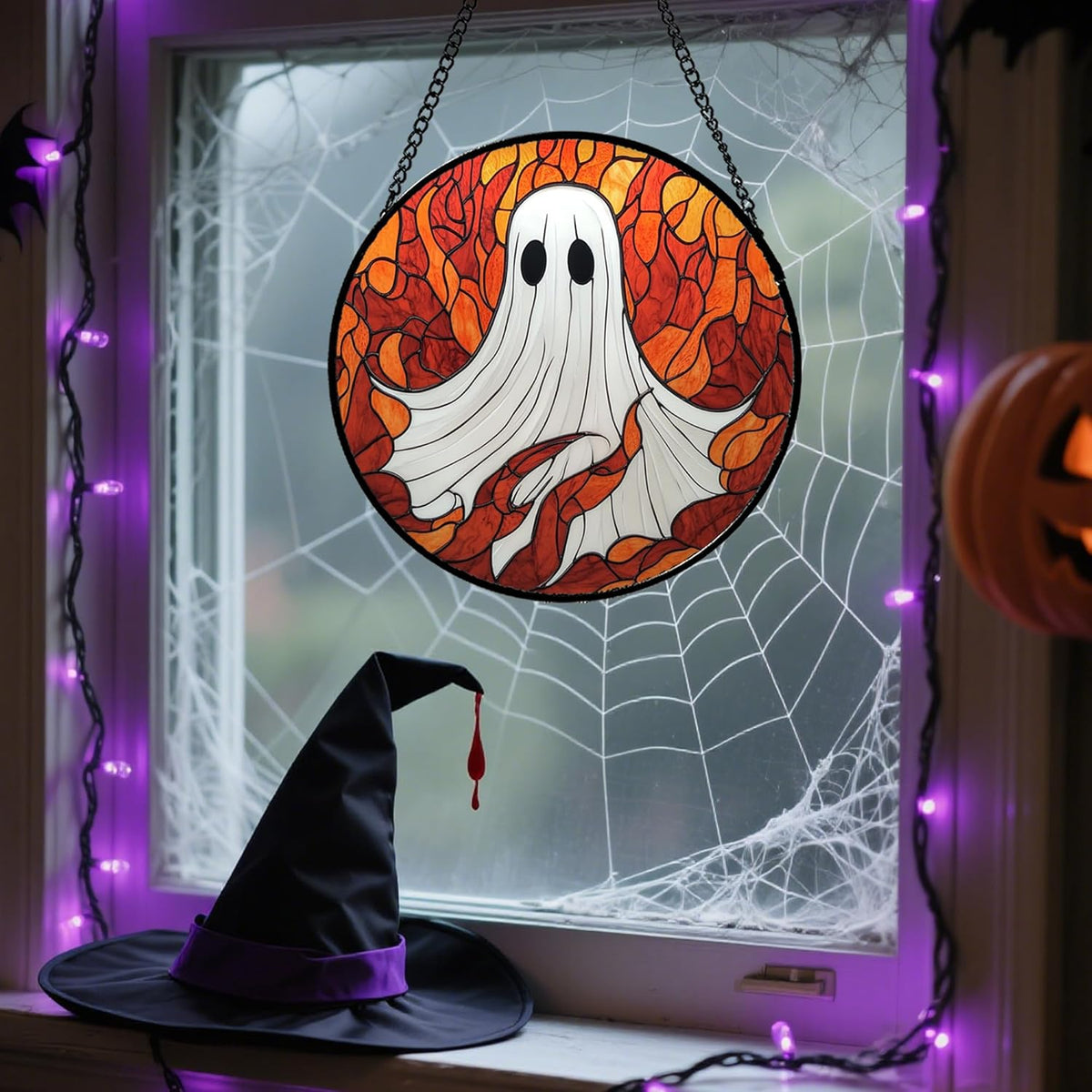Stained Glass Window Hanging - Halloween Decorations White Ghost Orange Sky Suncatcher for Doors Garden Funny Spooky Sun Catchers Gothic Decor Horror Gifts for Women Men Friend Boy 9.8 in