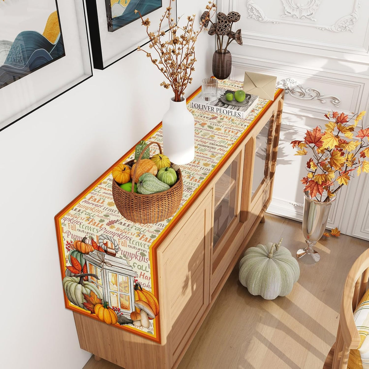 Linen Fall Table Runner 36 Inches Long - Farmhouse Leaves Pumpkin Table Decor for Autumn Thanksgiving Home Kitchen Dining Room Decorations