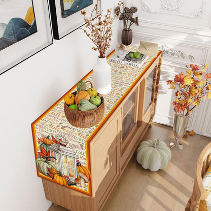 Linen Fall Table Runner 36 Inches Long - Farmhouse Leaves Pumpkin Table Decor for Autumn Thanksgiving Home Kitchen Dining Room Decorations