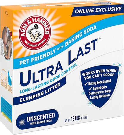 ARM & Hammer Ultra Last Clumping Cat Litter Unscented MultiCat 18 Lbs. Pet Friendly with Baking Soda Odor Control Litter