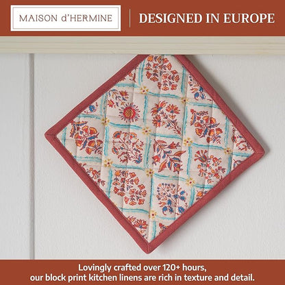 Maison d' Hermine Pot Holders 100% Cotton Heat Resistant Potholders 8" x 8" Hot Pads with Loop for Thanksgiving Christmas Decorations BBQ Cooking Baking Handling Hot Pans (Pack of 1, Romane)