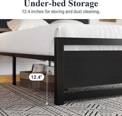 Allewie Full Bed Frame with Headboard, Heavy Duty Metal Platform Base with Strong Support, Underneath Storage Space, Stable Mattress Foundation, No Box Spring Needed, Black