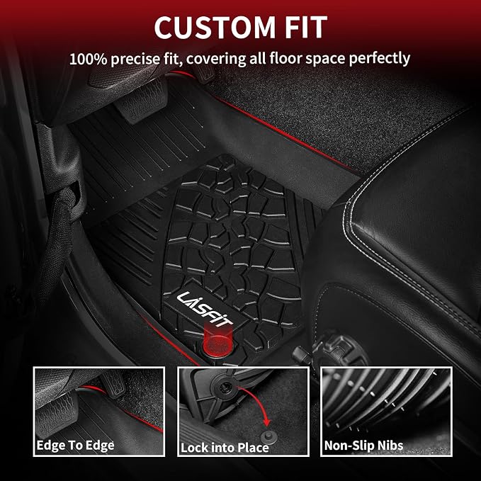 LASFIT Floor Mats for Jeep Wrangler Unlimited 4XE 2021-2024 2025 4 Door Plug-in Hybrid EV-Gas (PHEV), All Weather TPE Custom Fit Car Mats Floor Liners 1st & 2nd Row, Black