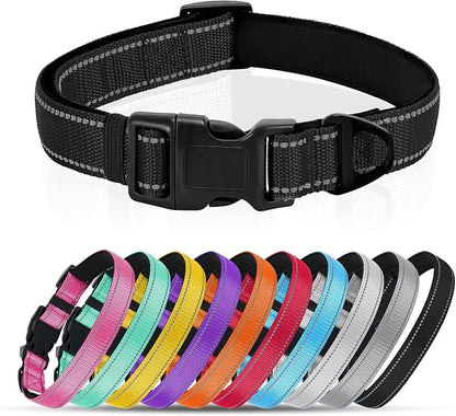 Reflective Dog Collar with Quick Release Buckle - Metal Ring - Adjustable Soft Neoprene Padded Basic Dog Collar for Small Medium Large Dogs (Black, Small :Width 1",Neck 11.8-15.7")