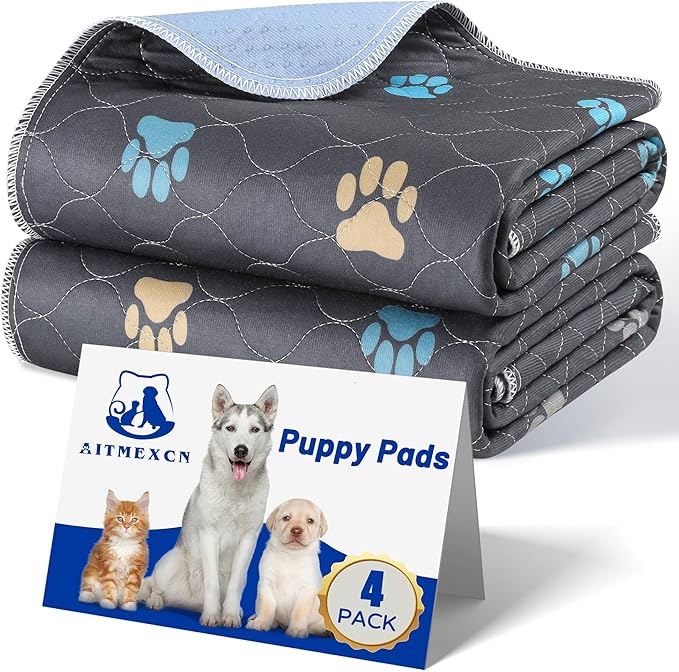 Aitmexcn Washable Puppy Dog Pee Pad, 4PCS 100% Waterproof Whelping Training Mat for Puppy/Senior Dog, Fast Drying Reusable Puppy Pads for Indoor, Outdoor and Car Travel- 32x36''