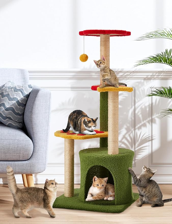 Flower Cat Tree 37in Cute Cat Tree Tower for Indoor Cats with 3 Sisal Covered Scratching Posts, Cozy Tower Condo, Padded Top Perch Green Fun Cat Tree Kitty Condo Cat Furniture for Indoor Cats