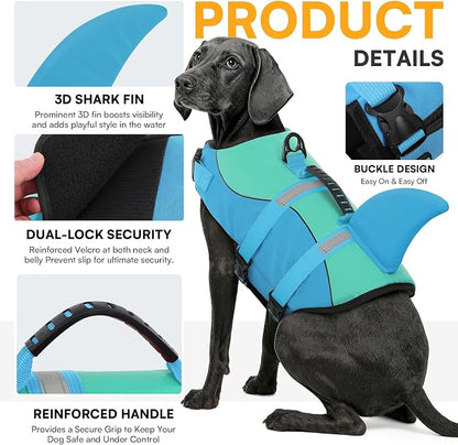 Shark Dog Life Jacket, Dog Life Vests for Boating, High Buoyant Pet Life Vest for Swimming, Adjustable Easy On Life Jackets for Small, Medium, Large Dogs (Pool Blue,XXL)