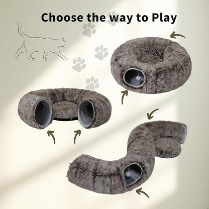 Cat Tunnel Bed for Indoor Cats with Washable Cushion Cat Cave Donut Tunnel with Fluffy Ball Big Round Tube Pet Playground Toys Soft Plush Peekaboo for Kitten, Cat, Puppy, Rabbit, Ferret（Brown）