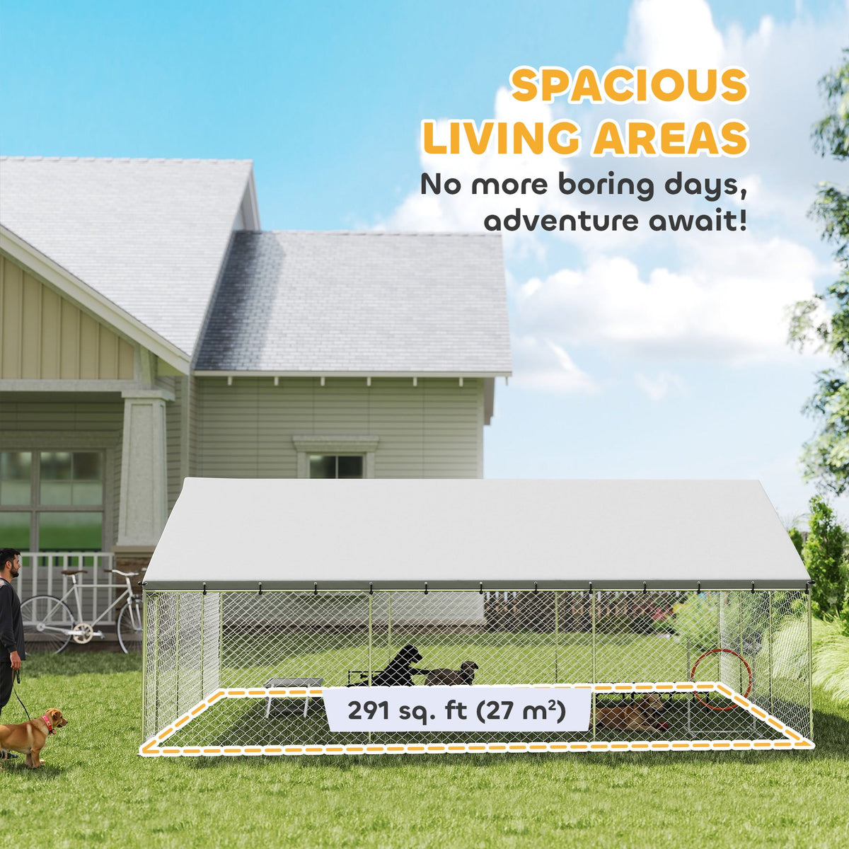 Heavy Duty Outdoor Dog Kennel with Waterproof Roof, 2 Secure Latches, Chain Link Dog Run for Backyard, 20 x 15 x 8