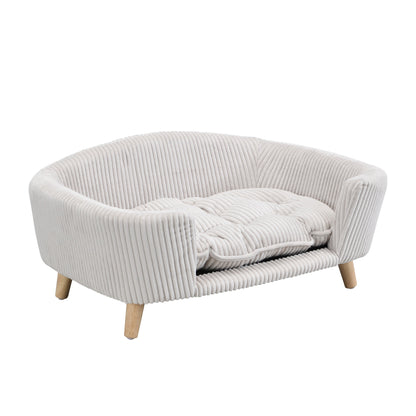 Elevated Dog Bed Frame for Small Dog, Corduroy Pet Couch Bed with Rubber Wood Legs and Supportive Foam, Beige , Easy Assembly