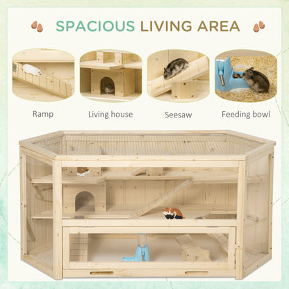 Wooden Large Hamster Cage Small Animal Exercise Play House 3 Tier with Tray, Seesaws, Water Bottle, Activity Center, Natural