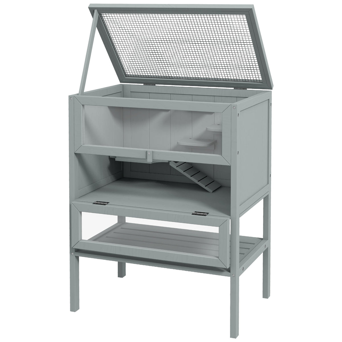3-Tier Wooden Hamster Cage Mice and Rat Cage Small Animals Hutch with Openable Top, Front Door, Storage Shelf, Gray