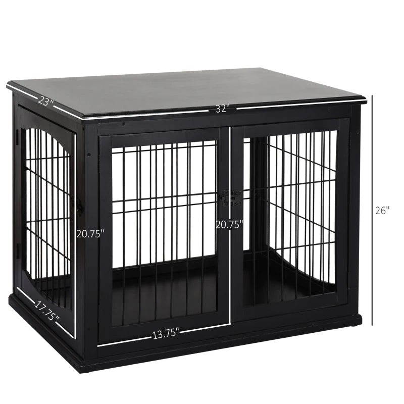 Crate Furniture, 32Small Dog Cage End Table With 2 Doors, Lockable Door, Puppy Kennel Indoor, Black