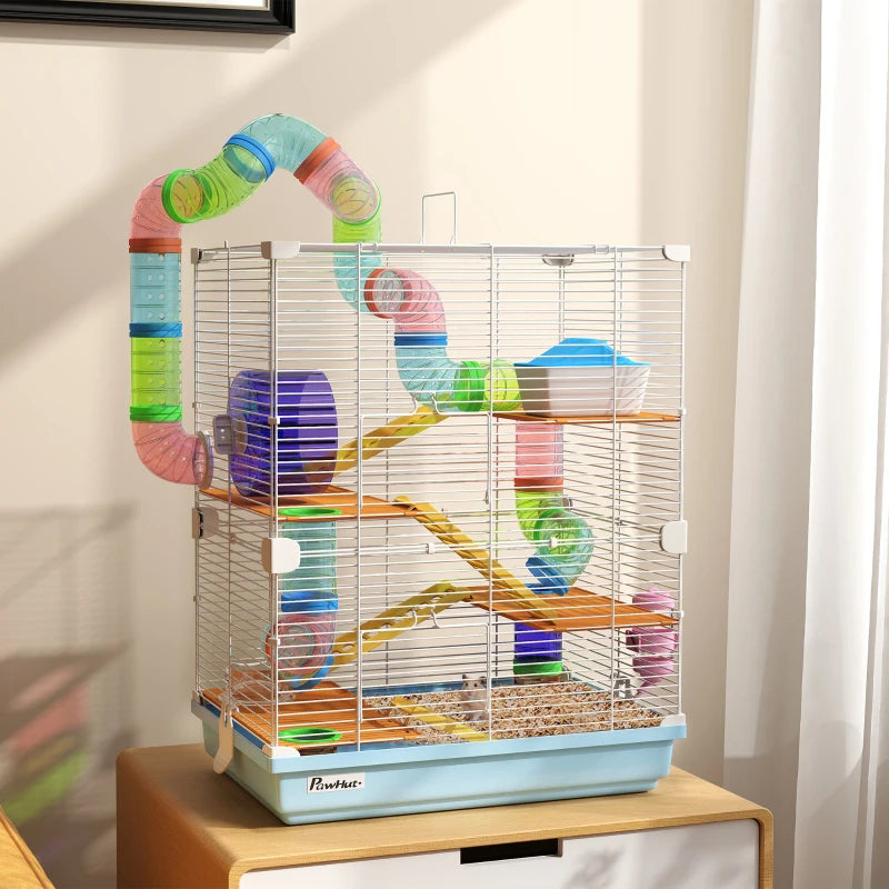5 Tiers Hamster Cage Portable Animal Travel Carrier W Exercise Wheels Tube, Light Blue