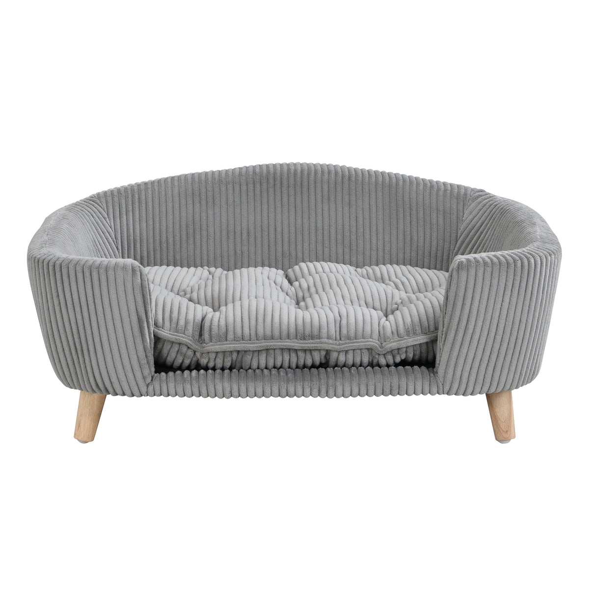 Elevated Dog Bed Frame for Small Dog, Corduroy Pet Couch Bed with Rubber Wood Legs and Supportive Foam, Grey, Easy Assembly
