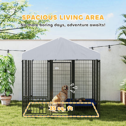 5.9 x 5.9 x 6 Outdoor Dog Kennel with Roof, Rotating & 4-Level Adjustable Bowls