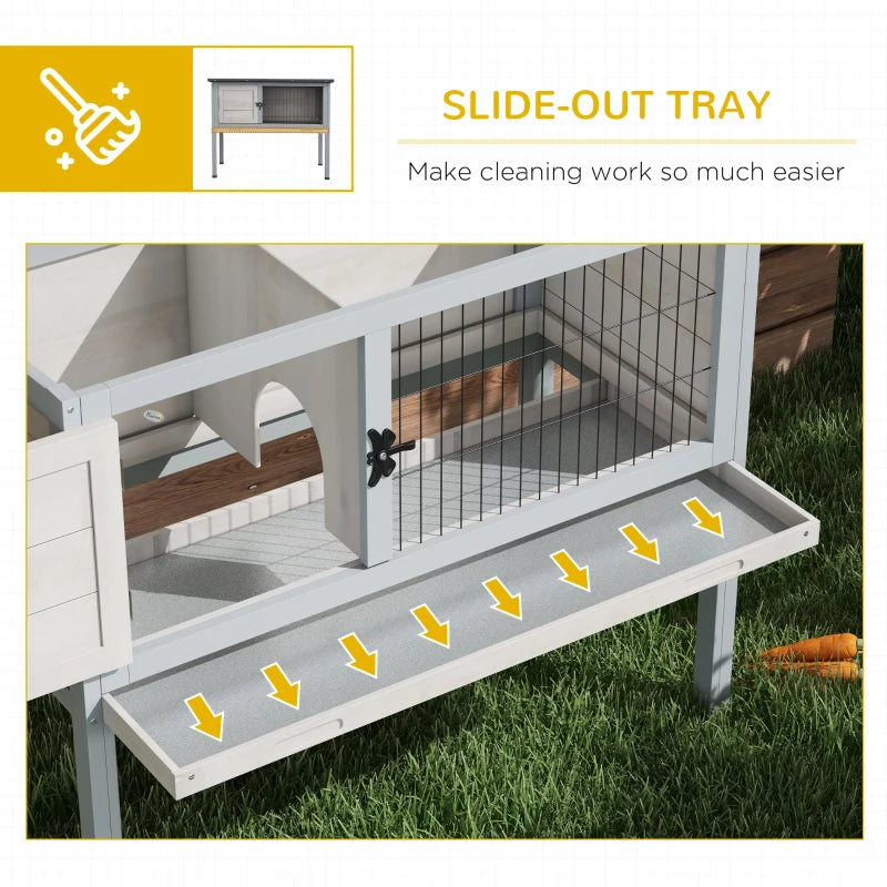 Elevated Rabbit Hutch, Wooden Bunny Cage With Hinged Asphalt Roof And Removable Tray, For IndoorOutdoor, Gray