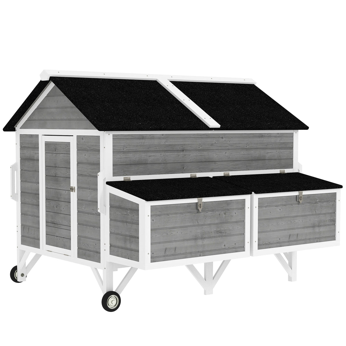 59" Wooden Chicken Coop w/ Wheels, Handles, 2 Nesting Boxes, 2 Trays, 4 Perches, Chicken Tractor for 4-6 Chickens, Gray