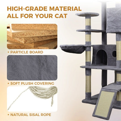 4.6 In Dark Gray Cat Tree Tower With Wide Base, 3 Large Hinding Condo, 11 Sisal Scratching Post, Sisal Scratching Ladder, 2 Hammocks, Large Top Platform, Many Landing Perch And Interactive Toy