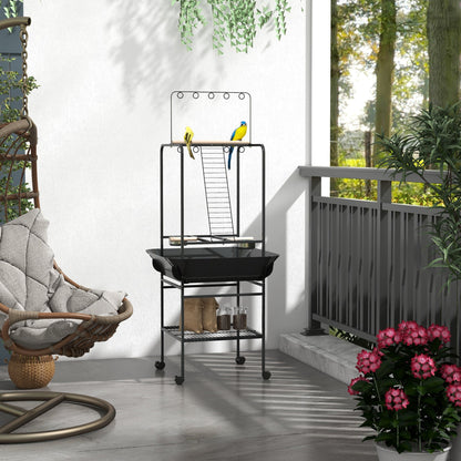 Bird Stand with Wheels, Perches, Stainless Steel Feed Bowls, Pull-Out Tray for Indoor Outdoor Small Parrot, Dark Gray
