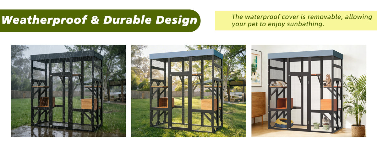 62.6" Black Wooden Catio for Cats, Large Cat Enclosure with Waterproof cover, 2 Napping House, Platforms & Galvanized Metal Wire – Secure Pet Cage Shelter