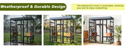 62.6" Black Wooden Catio for Cats, Large Cat Enclosure with Waterproof cover, 2 Napping House, Platforms & Galvanized Metal Wire – Secure Pet Cage Shelter