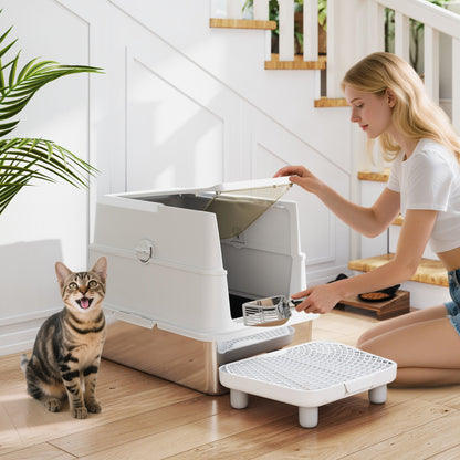 Extra Large Stainless Steel Cat Litter Box for Big Cats with Flip Cover, High-Sided Enclosure & Scoop
