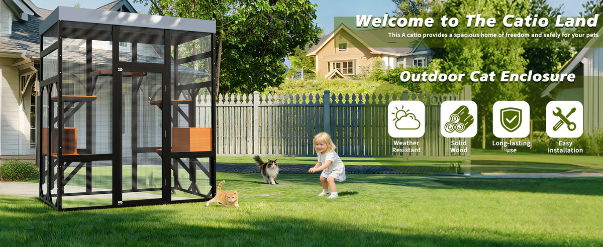 62.6" Black Wooden Catio for Cats, Large Cat Enclosure with Waterproof cover, 2 Napping House, Platforms & Galvanized Metal Wire – Secure Pet Cage Shelter