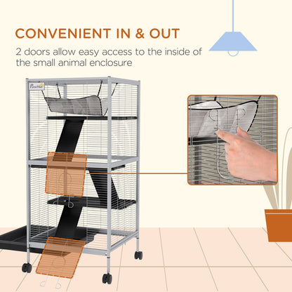 45" H Rolling Small Animal Cage with Hammock, Ferret Cage, Chinchilla Cage, Pet Habitat with 6 Doors, Removable Tray