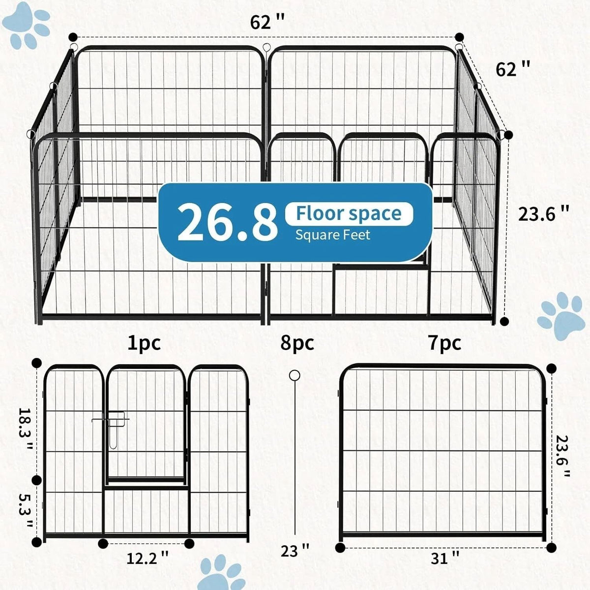 Indoor Outdoor Dog Playpen, Premium Pet Puppy Fence With Gate, Portable Cage