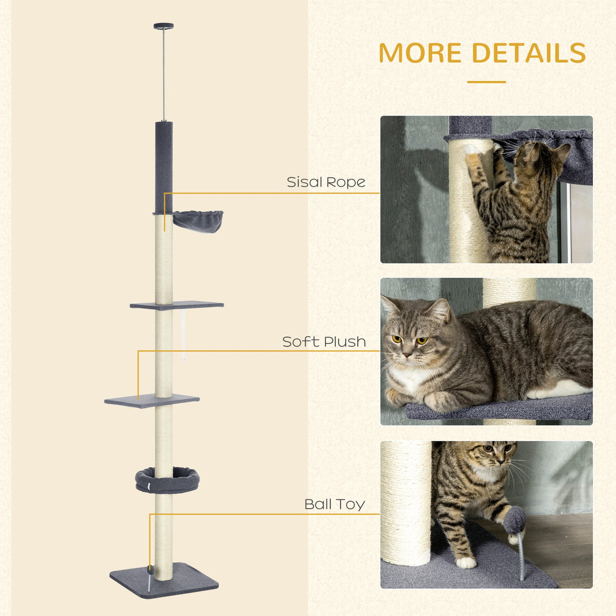 Floor To Ceiling Cat Tree, 5-Tier Cat Climbing Tower, 95-106 Height Adjustable with Carpeted Platforms, Cozy Bed, Hammock, Scratching Post & Toy Ball for Indoor Cats, Dark Gray and Cream