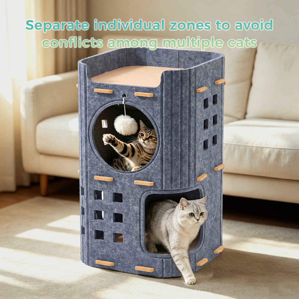 3-Tier Felt Cat Tower House, Multi Level Cat Cave Condo, Indoor Stackable Cat Hideaway Shelter With Hanging Toy Ball