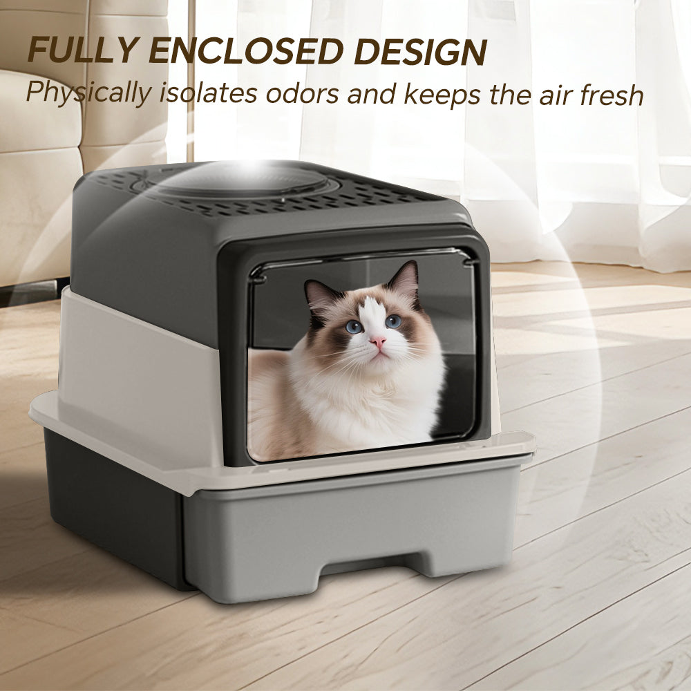 Front Flip Door Dual Opening, Anti-Splashing Anti-Tracking Odor Locking Cat Toilet With Free Scoop & Deodorant Pack