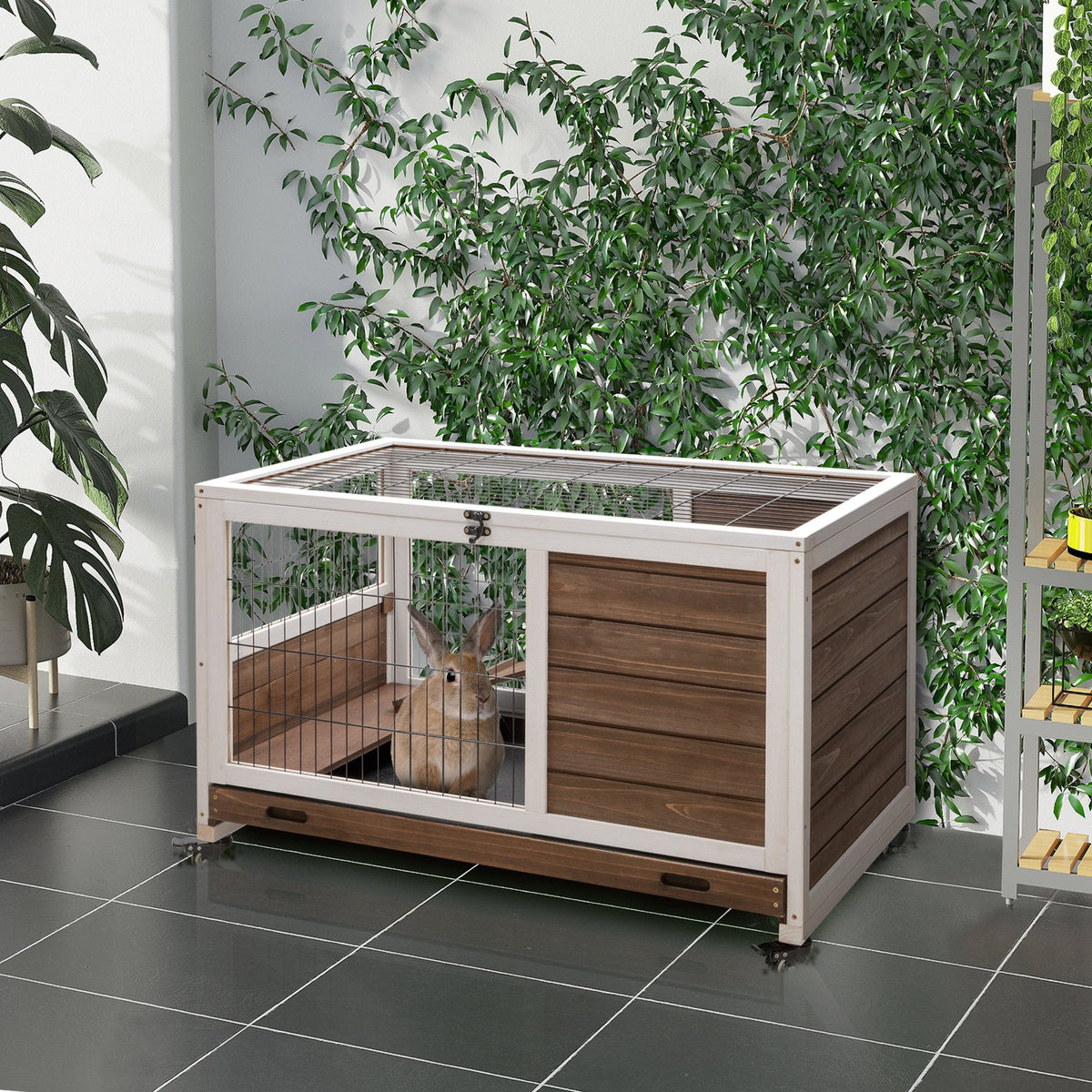 Indoor Rabbit Enclosure, On Wheels, Indoor Bunny Cage Small Animal House With Pull Out Tray Casters Ramp, 35.5 X 21 X 23, Brown