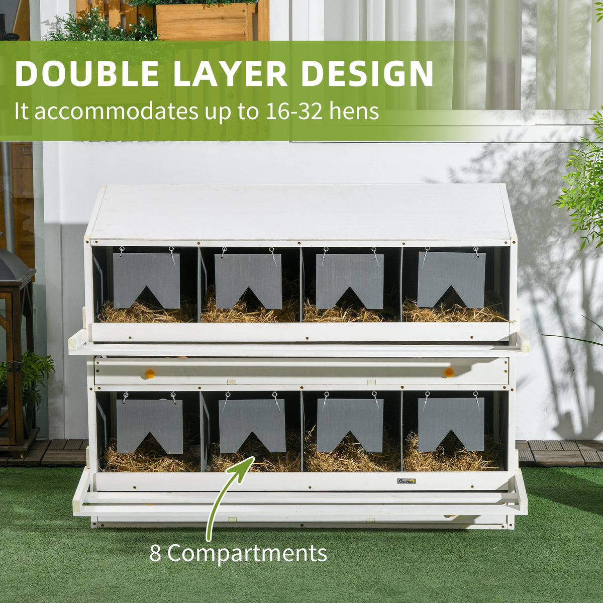 Chicken Nesting Box, 8 Compartment Wood Laying Boxes for Chicken Coop with Egg Collection Trays Perches for 16-32 Hens