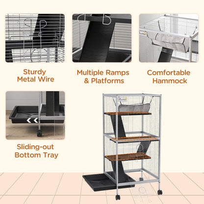 45" H Rolling Small Animal Cage with Hammock, Ferret Cage, Chinchilla Cage, Pet Habitat with 6 Doors, Removable Tray