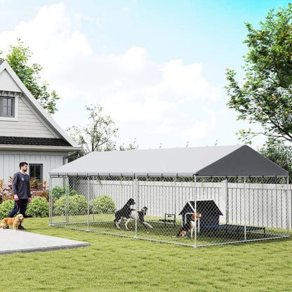 Heavy Duty Outdoor Dog Kennel With Waterproof Roof, 2 Secure Latches, Chain Link Dog Run For Backyard, 20' X 10' X 7'For Multiple Packages, Please Pay Attention To The Detailed Dimensions And Weight