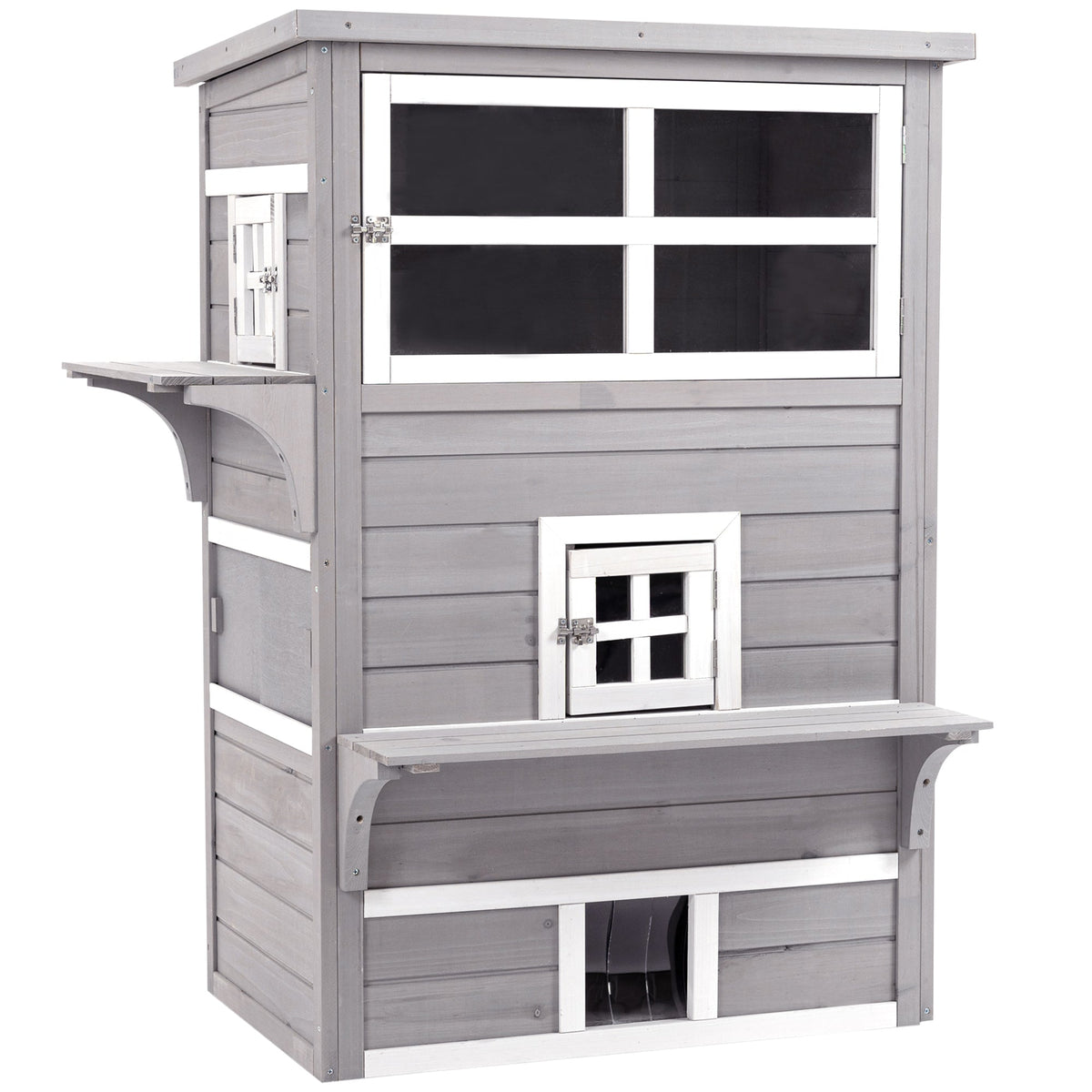 Outdoor Cat House, 3-Tier Kitty Shelter with 5 Escape Doors, Weather Resistant, Gray & White