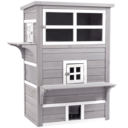 Outdoor Cat House, 3-Tier Kitty Shelter with 5 Escape Doors, Weather Resistant, Gray & White
